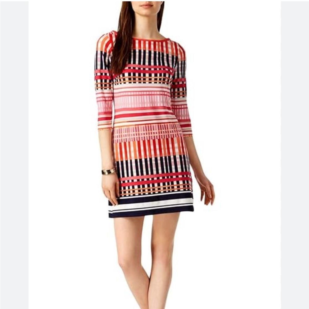 Eliza J Sheath Multicolor Stripe Midi Lined Shift Dress 3/4 Sleeves Size 8